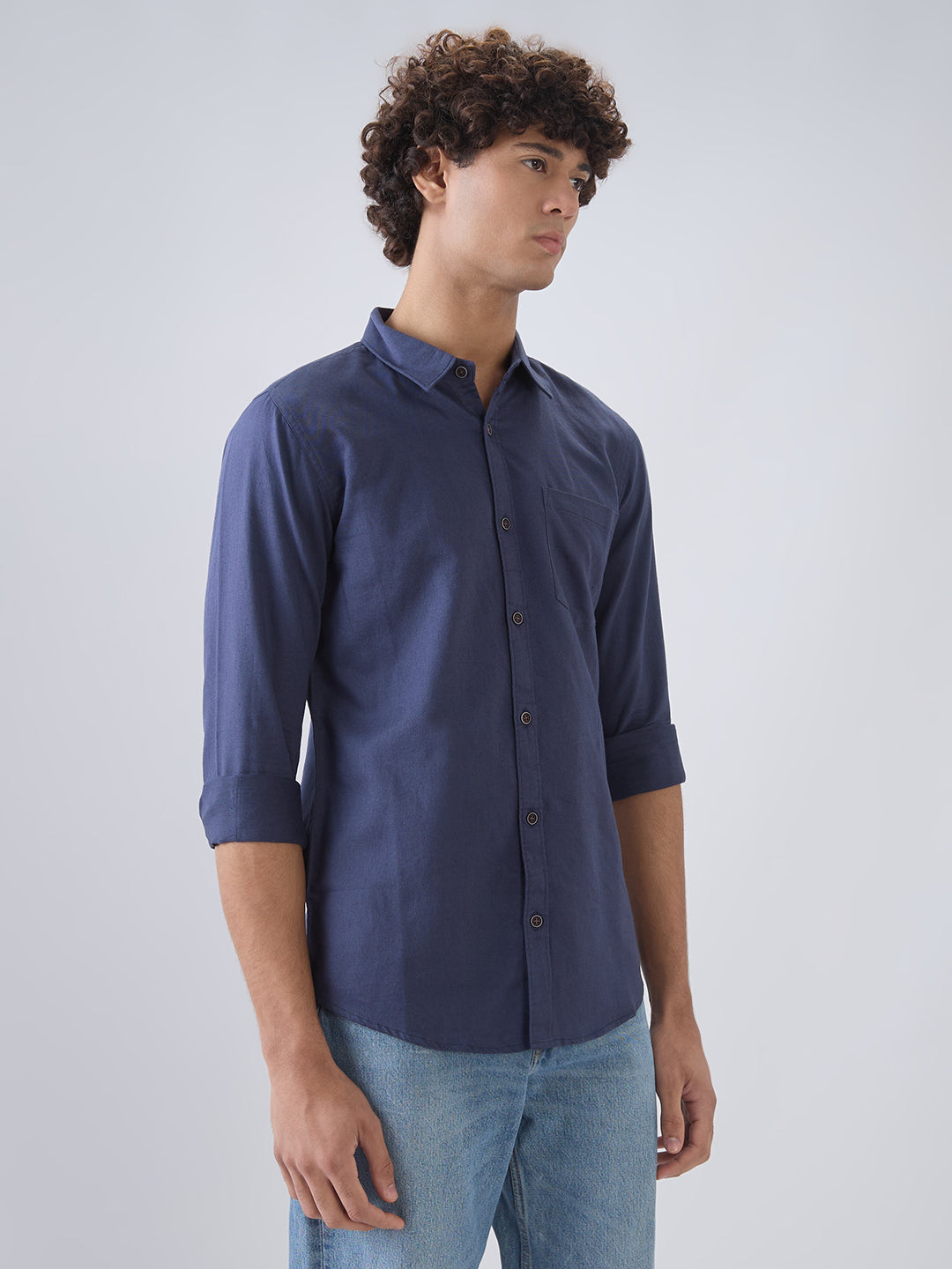 nick&jess 100% Cotton Mens Linen Blend Solid Navy Blue Color Slim Fit Long Sleeves Shirt
