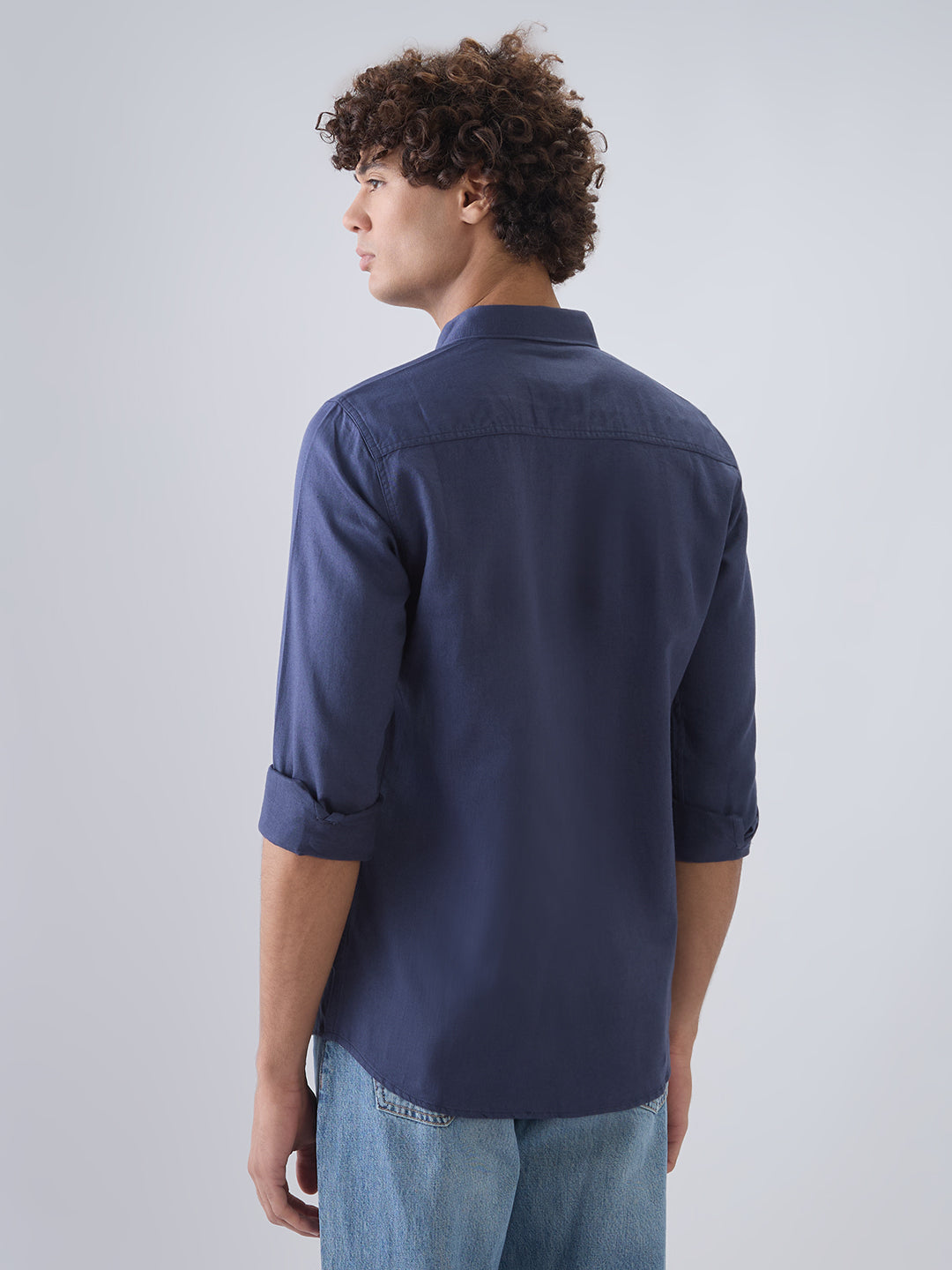 nick&jess 100% Cotton Mens Linen Blend Solid Navy Blue Color Slim Fit Long Sleeves Shirt