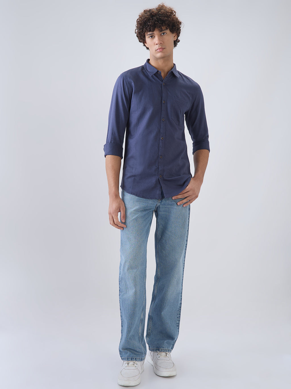 nick&jess 100% Cotton Mens Linen Blend Solid Navy Blue Color Slim Fit Long Sleeves Shirt