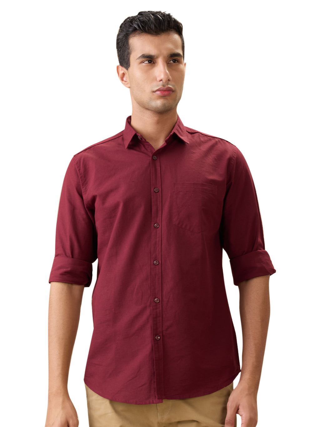Nick&Jess Men 100% Cotton Maroon long Sleeve Shirt