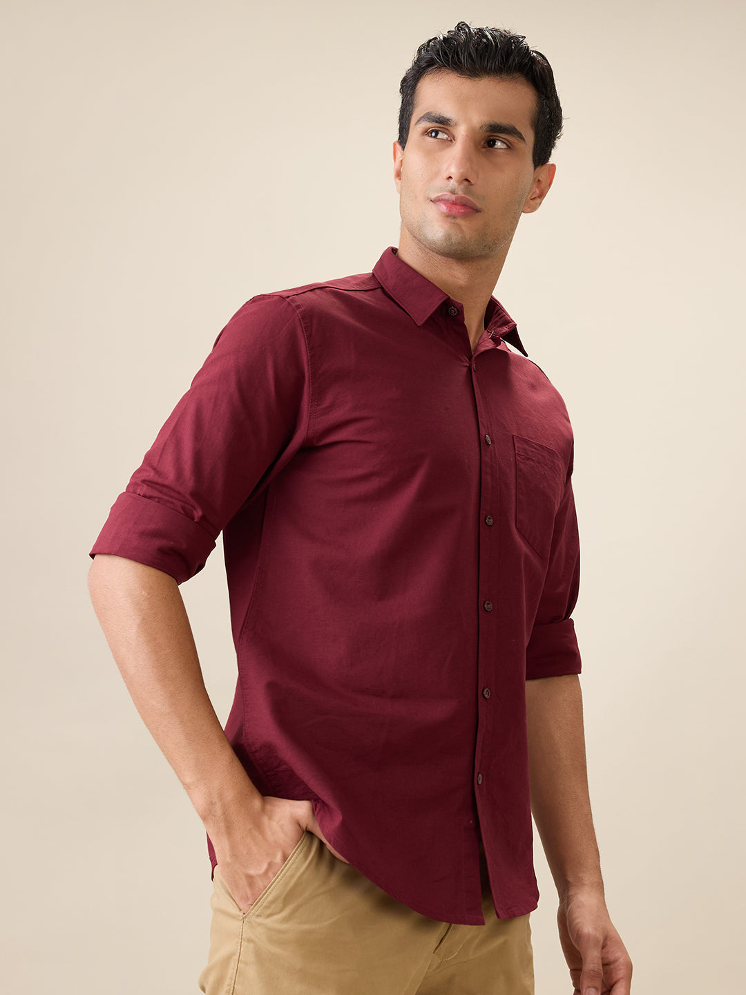 Nick&Jess Men 100% Cotton Maroon long Sleeve Shirt