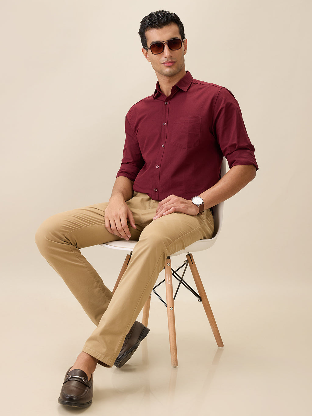 Nick&Jess Men 100% Cotton Maroon long Sleeve Shirt