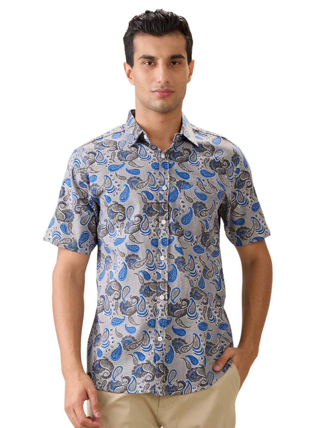 Nick&Jess Mens 100% Cotton Slim Fit Jaquard Type Printed Casual Short Sleeves Shirts