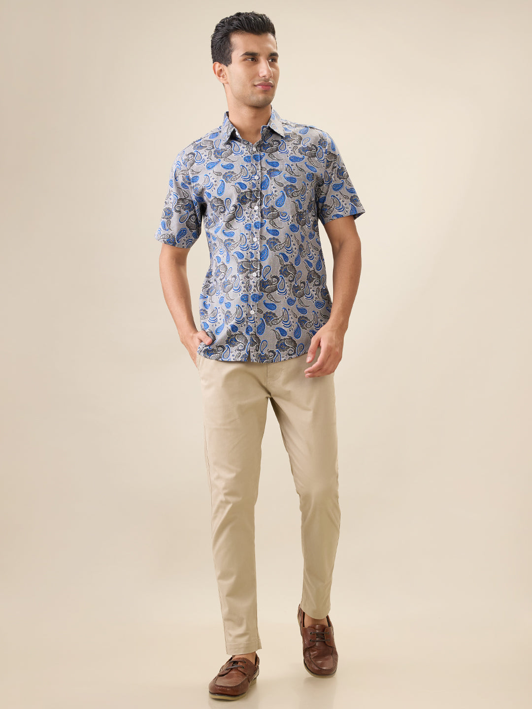 Nick&Jess Mens 100% Cotton Slim Fit Jaquard Type Printed Casual Short Sleeves Shirts