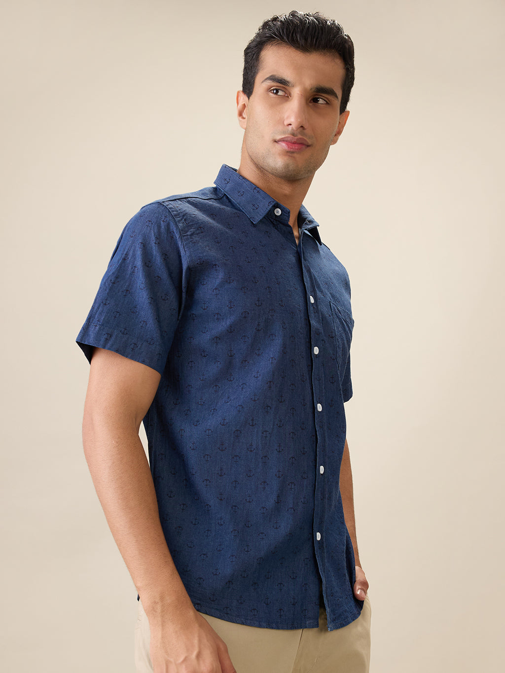 Nick&Jess Mens Slim Fit Indigo Printed denimcasual Short Sleeves Shirt
