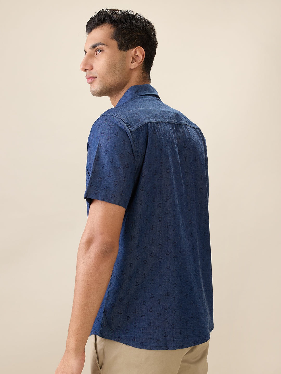 Nick&Jess Mens Slim Fit Indigo Printed denimcasual Short Sleeves Shirt