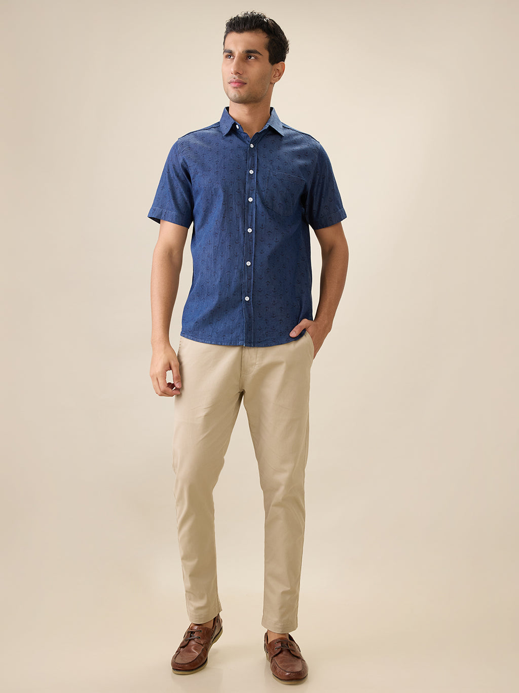 Nick&Jess Mens Slim Fit Indigo Printed denimcasual Short Sleeves Shirt