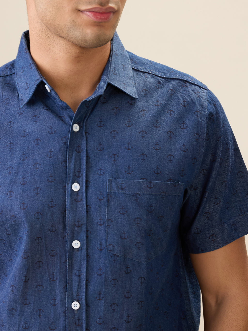 Nick&Jess Mens Slim Fit Indigo Printed denimcasual Short Sleeves Shirt