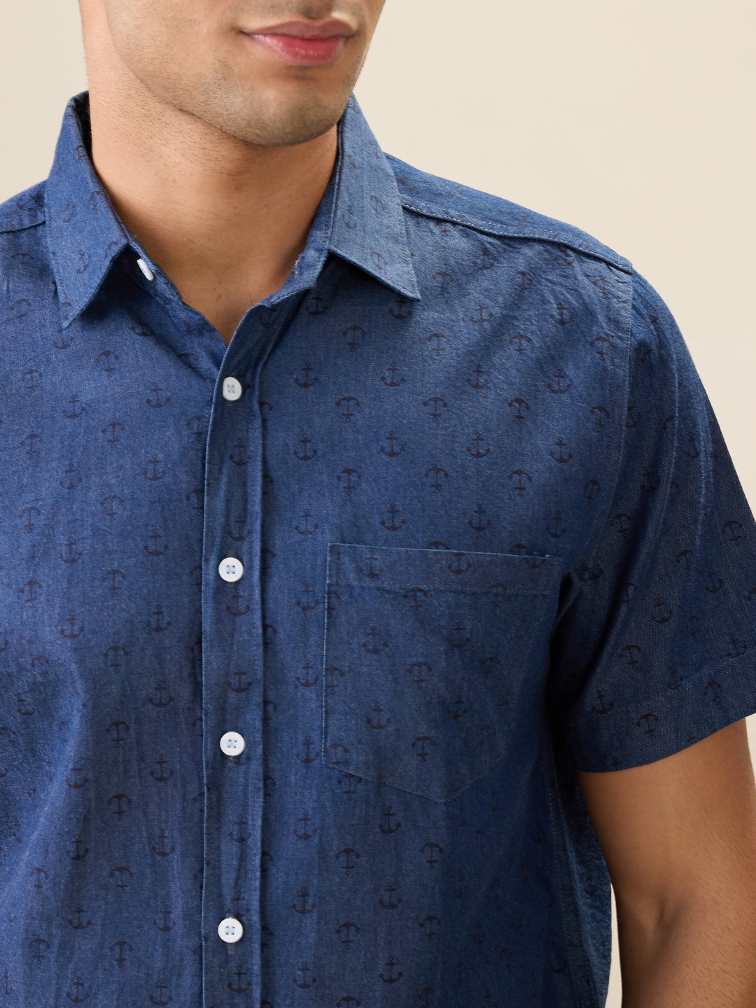 Nick&Jess Mens Slim Fit Indigo Printed denimcasual Short Sleeves Shirt