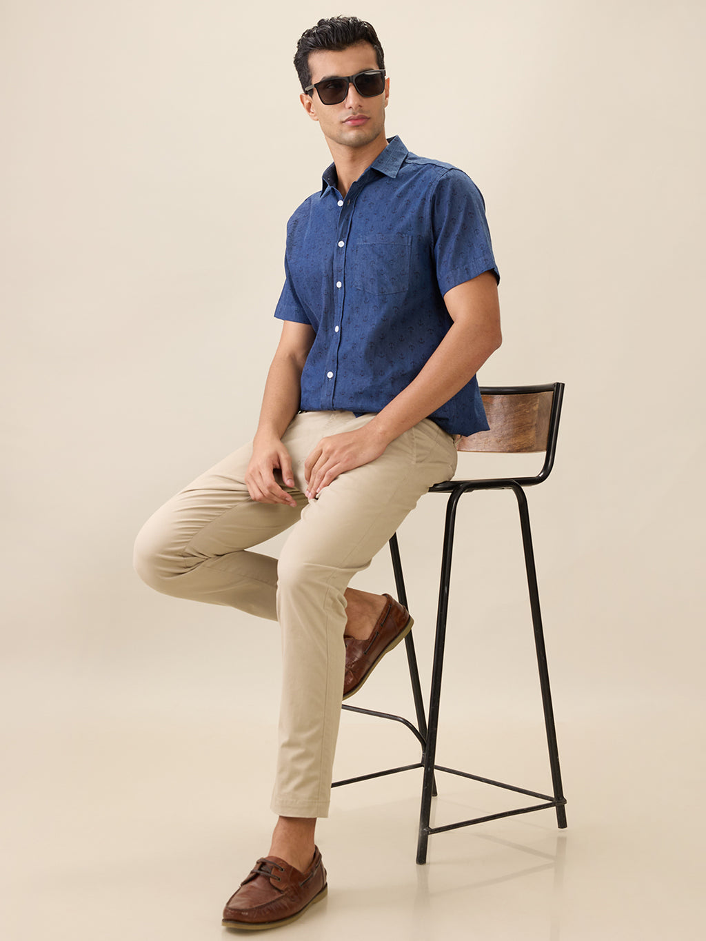 Nick&Jess Mens Slim Fit Indigo Printed denimcasual Short Sleeves Shirt