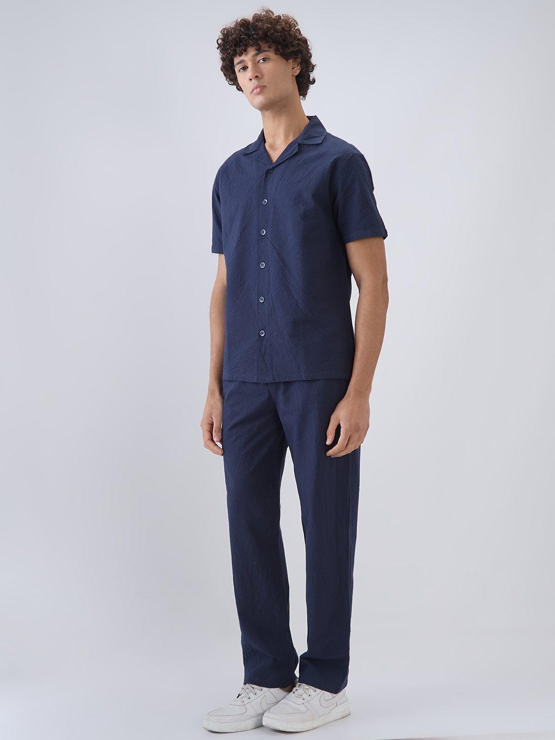 Nick&Jess 100% Cotton regular fit dobby blue pajama co-ord set leisrewear