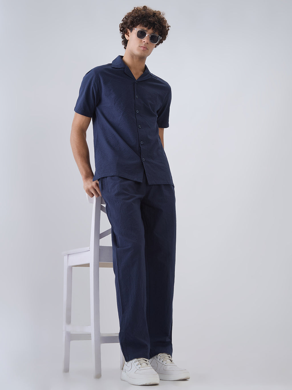 Nick&Jess 100% Cotton regular fit dobby blue pajama co-ord set leisrewear
