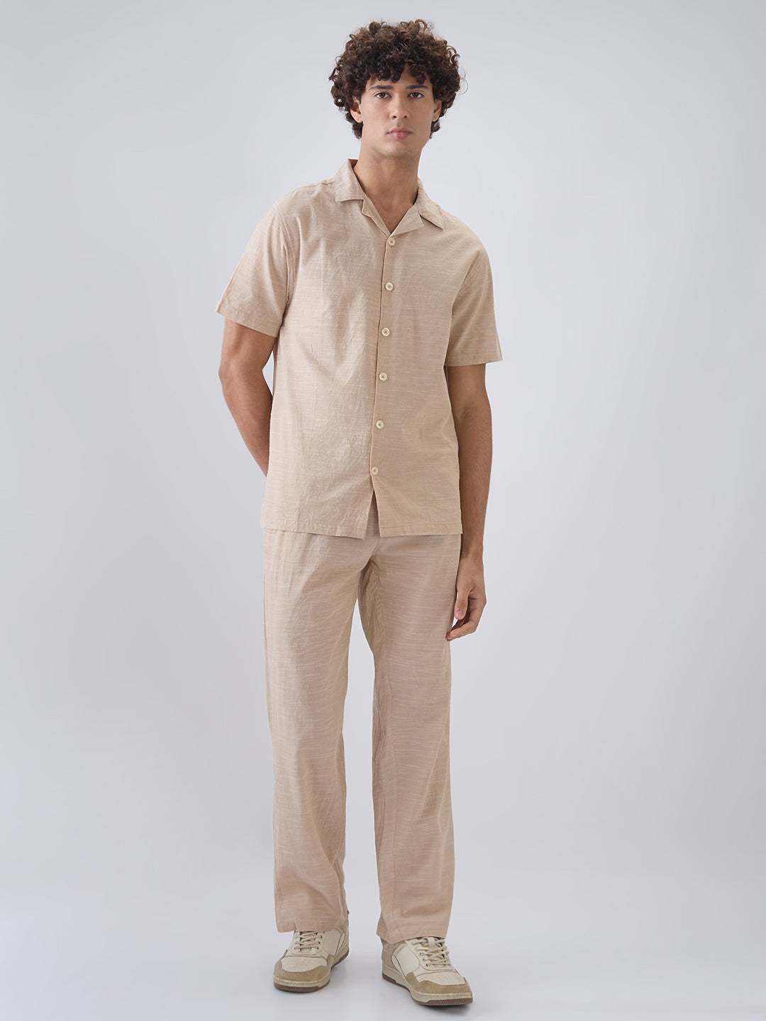 Nick&Jess Mens 100% cotton regular fit Khakhi linen blend slub pajama co-ord set leisrewear