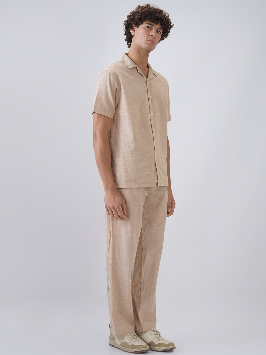 Nick&Jess Mens 100% cotton regular fit Khakhi linen blend slub pajama co-ord set leisrewear