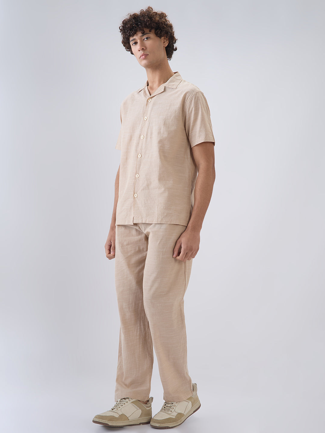 Nick&Jess Mens 100% cotton regular fit Khakhi linen blend slub pajama co-ord set leisrewear