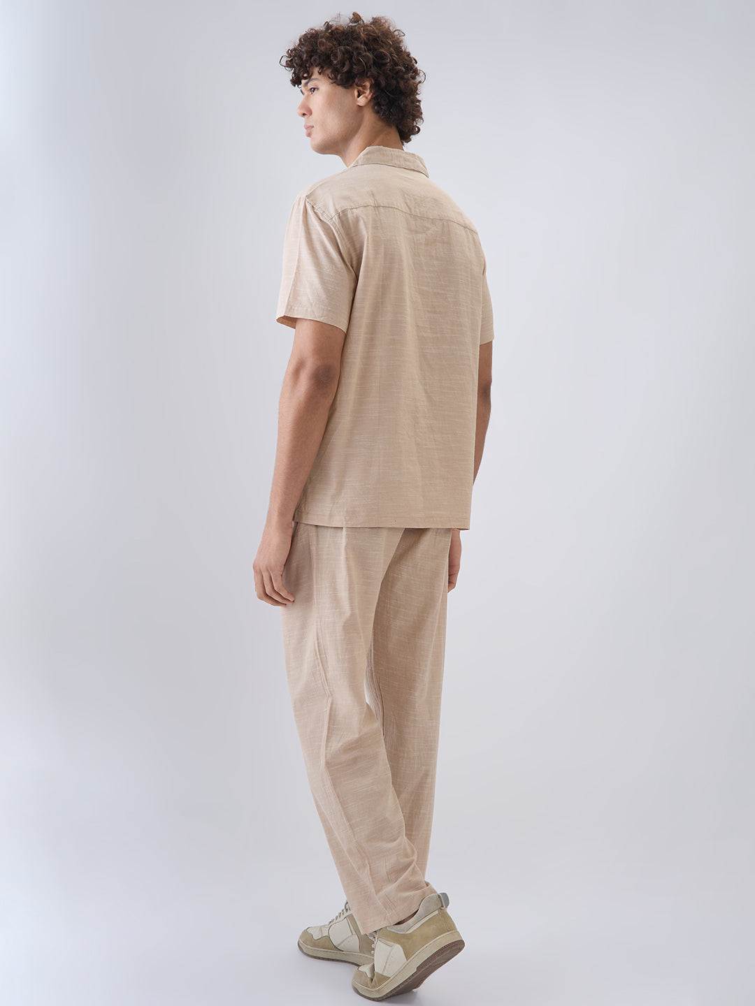 Nick&Jess Mens 100% cotton regular fit Khakhi linen blend slub pajama co-ord set leisrewear