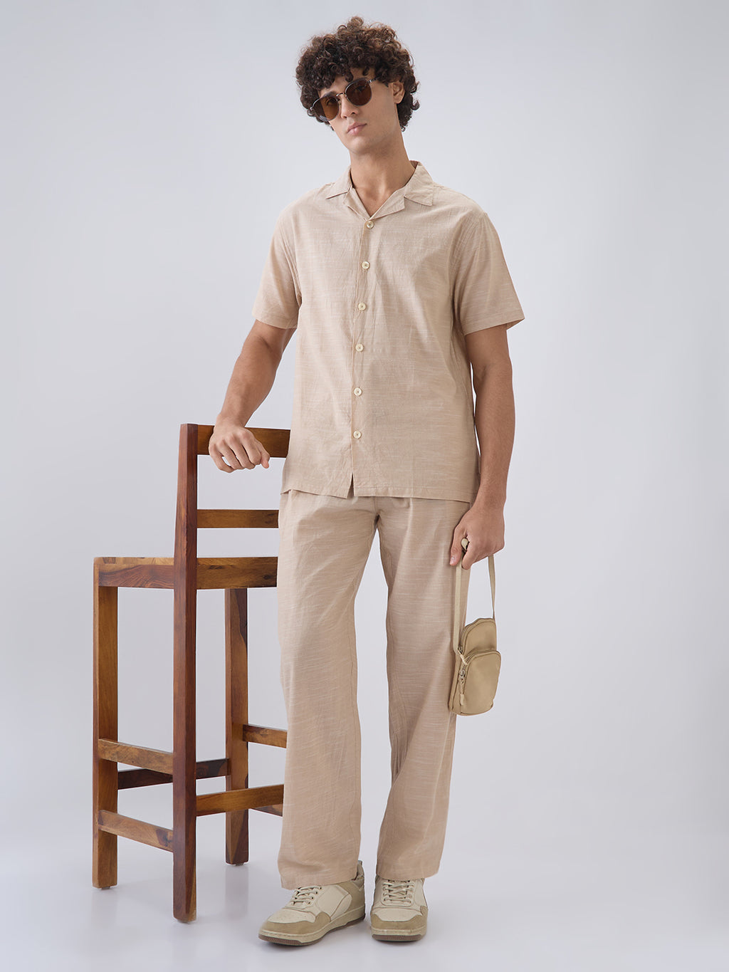 Nick&Jess Mens 100% cotton regular fit Khakhi linen blend slub pajama co-ord set leisrewear