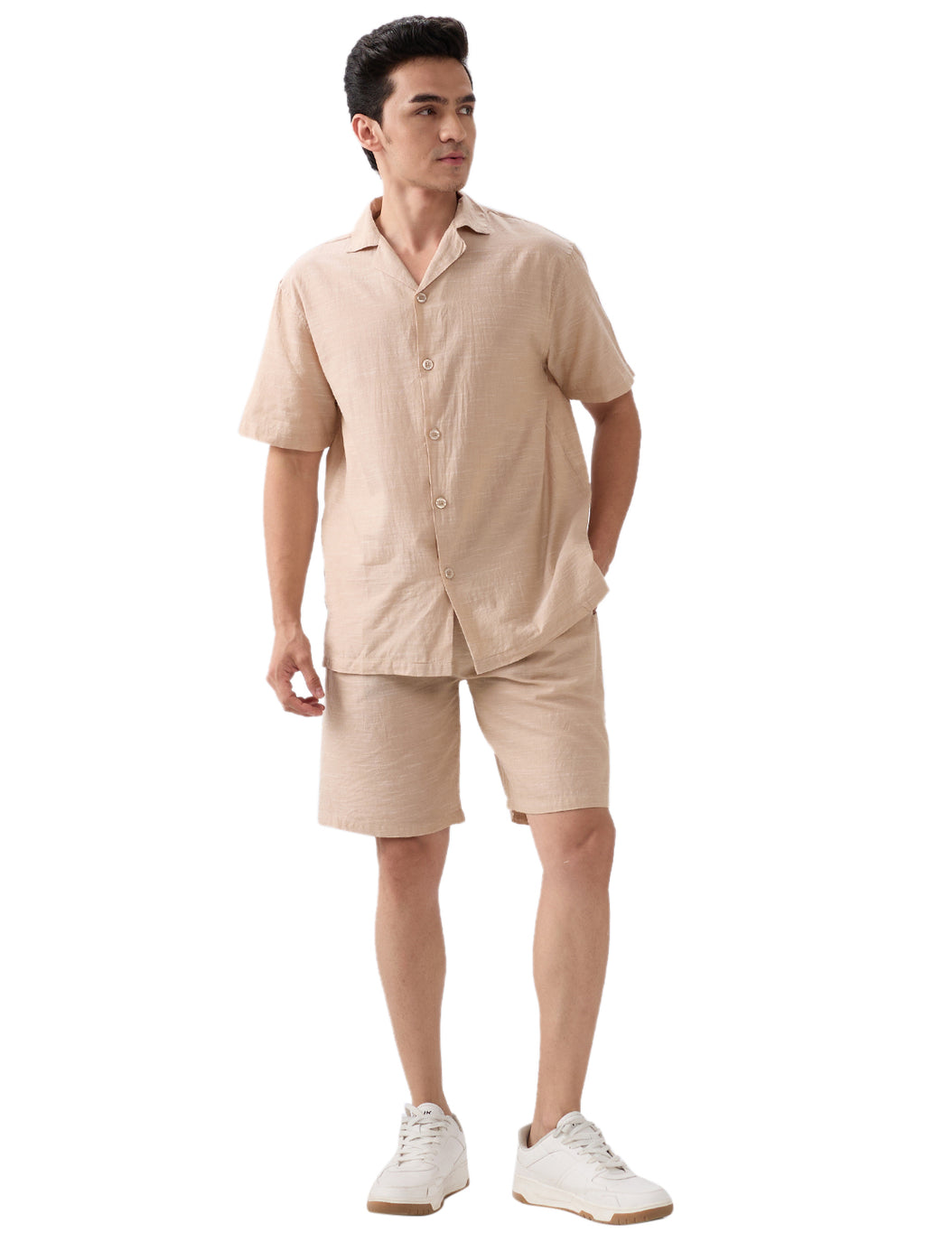 nick&jess mens 100% Cotton linen Blend Solid Khakhi Color With Slub Texture Mens Co-ord set