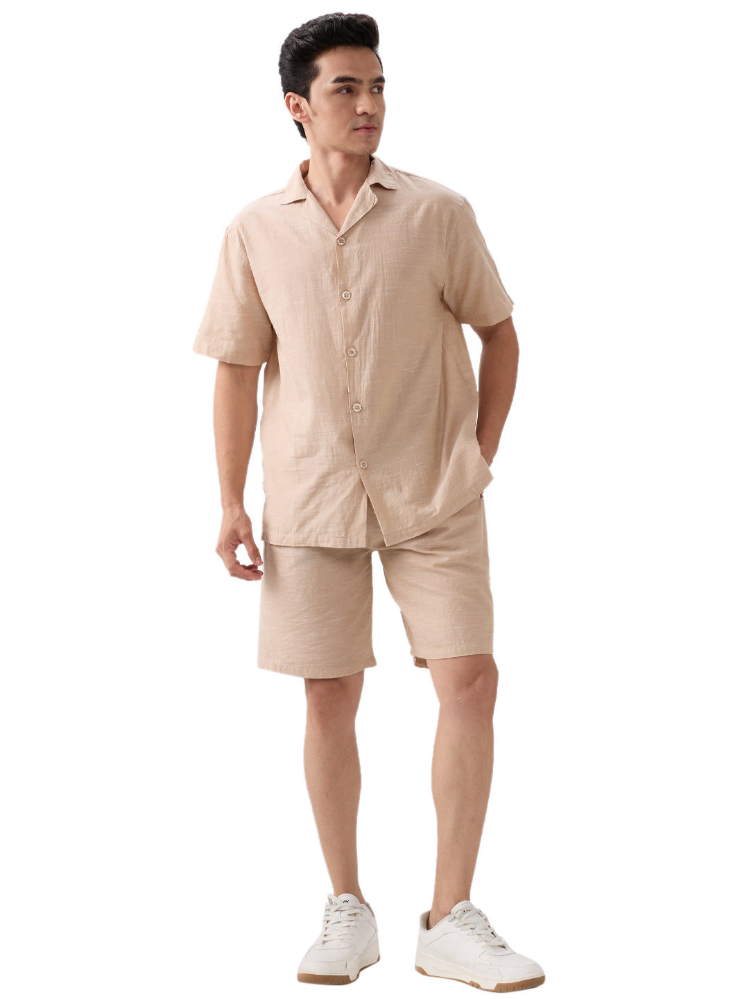 nick&jess mens 100% Cotton linen Blend Solid Khakhi Color With Slub Texture Mens Co-ord set