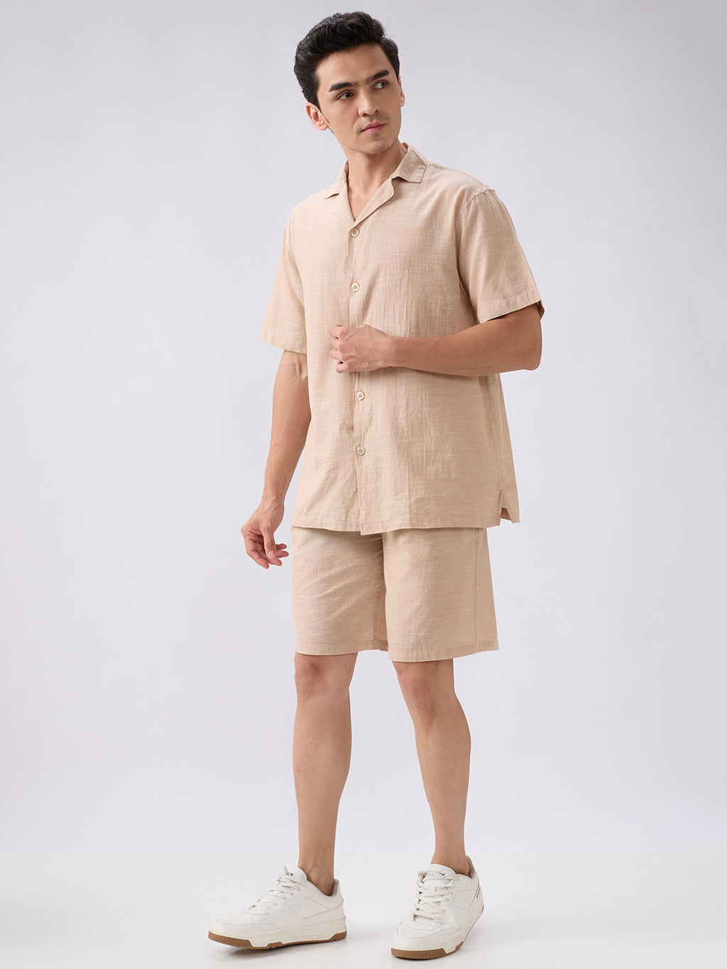 nick&jess mens 100% Cotton linen Blend Solid Khakhi Color With Slub Texture Mens Co-ord set