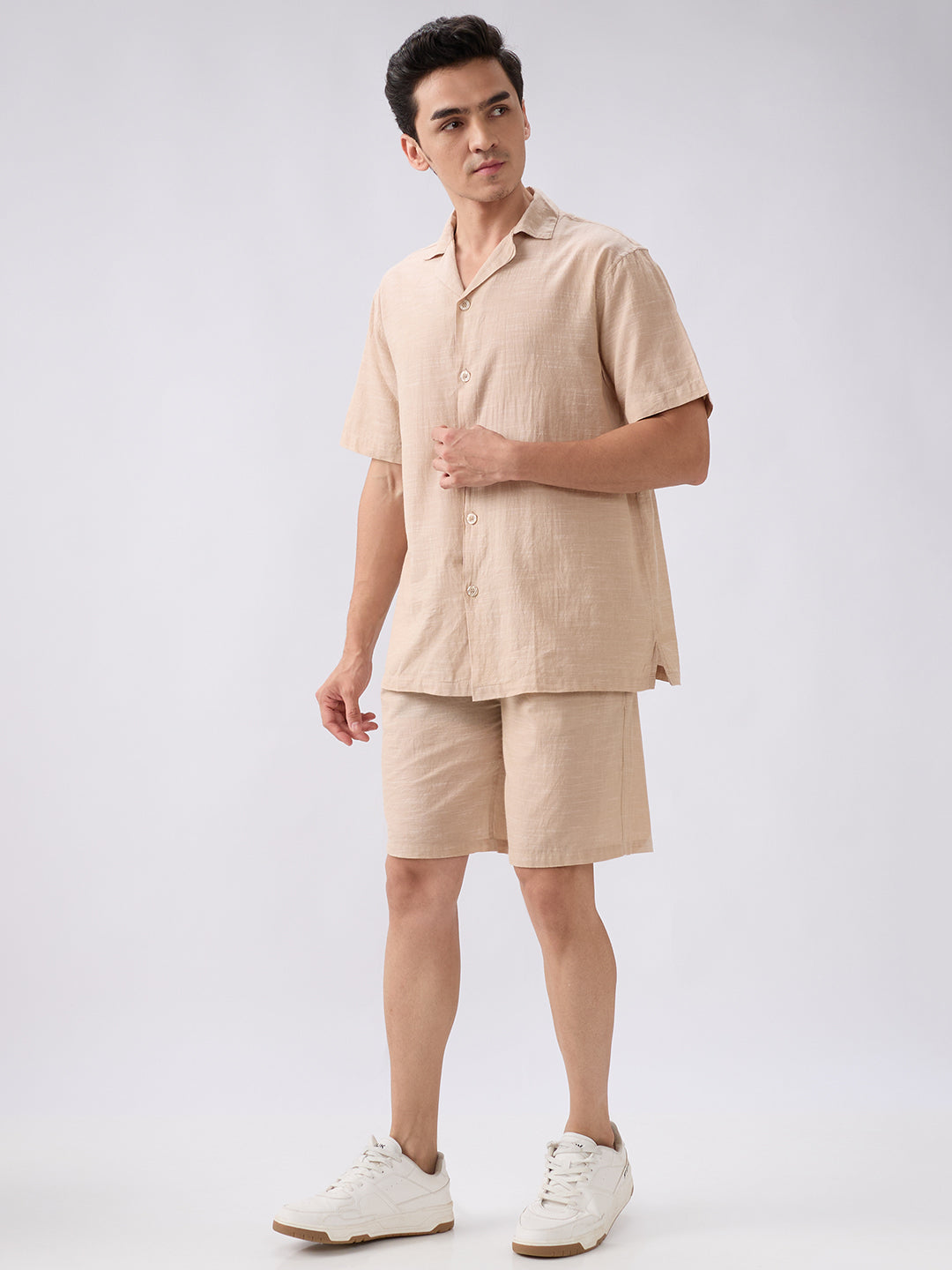 nick&jess mens 100% Cotton linen Blend Solid Khakhi Color With Slub Texture Mens Co-ord set