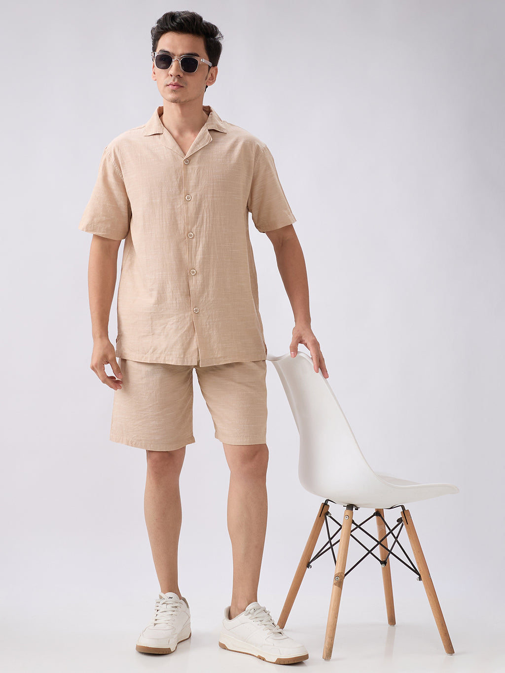 nick&jess mens 100% Cotton linen Blend Solid Khakhi Color With Slub Texture Mens Co-ord set